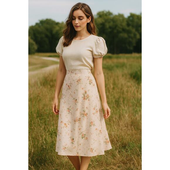 Vtg Kate Allen Floral Midi Skirt Size 12P Petite 28" Light Pink Cottage Prairie - Picture 1 of 11